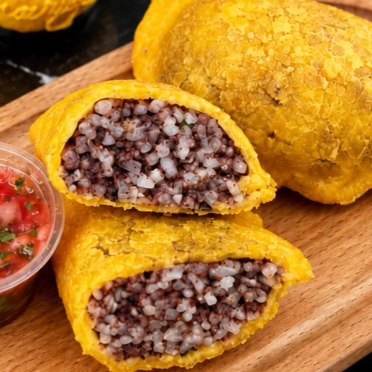 Empanada de morcilla con relleno de arroz y morcilla visible, acompañada de salsa en Bogotá.