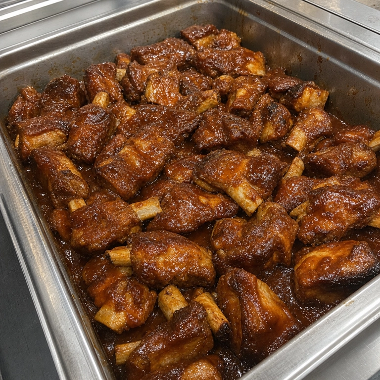 BBQ ribs with rich sauce and visible bone in a tray at a Latin restaurant in Carrollton.