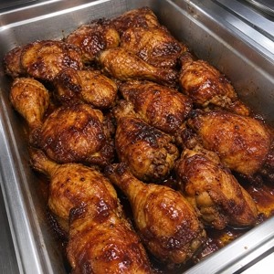 Pollo BBQ with glazed chicken drumsticks in a metal tray, Carrollton.