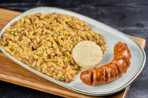 COLOMBIAN BREAKFAST W/ SAUSAGE & AREPITA
