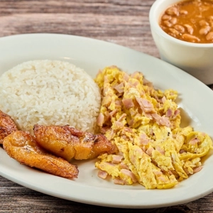 #6 Eggs with Rice, Beans, and Fried Sweet Plantains (2 Huevos con Arroz, Frijoles y Maduros)
