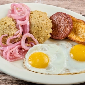 #5. Eggs Served with Mashed Green Plantains, Fried Cheese, and Salami Breakfast (2 Huevos con Mangu, Queso Frito y Salami)