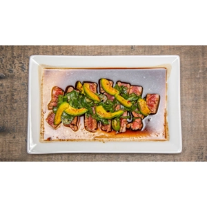 Seared Ahi Tuna with avocado slices and cilantro in Roanoke.