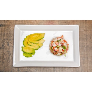 Ceviche de Camaron with shrimp and avocado slices on a white plate in Roanoke.