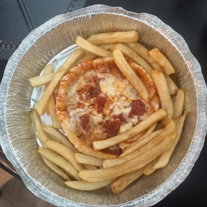 Kids menu with a small pepperoni pizza topped with cheese and surrounded by French fries in Roanoke.