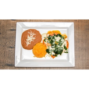 Pollo Popeye with grilled chicken, spinach, and cheese dip, served with rice and beans in Roanoke.