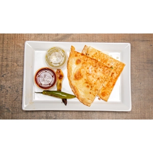 Quesadilla with melted cheese and grilled tortilla, served with a side of jalapeño and dipping sauces, in Roanoke.