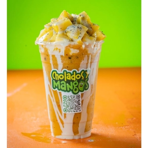 Frappe Maracumango with diced mango and passion fruit in Jackson Heights.