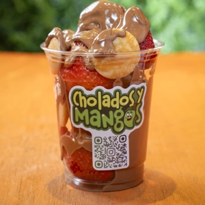 Mini pancakes with strawberries and chocolate sauce in Jackson Heights.