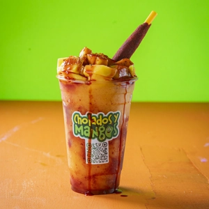 Mangonada with mango chunks and chamoy sauce in Jackson Heights.