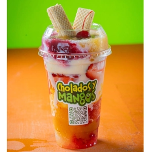 Cholado Original with strawberries and wafer cookies in Jackson Heights.