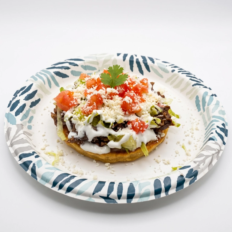 Sopes with shredded beef, lettuce, tomatoes, and cheese on a decorative plate in Hermiston.