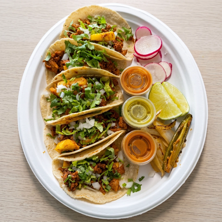 Taco De Pastor with cilantro and onions, served with lime wedges and radish slices in Hermiston.