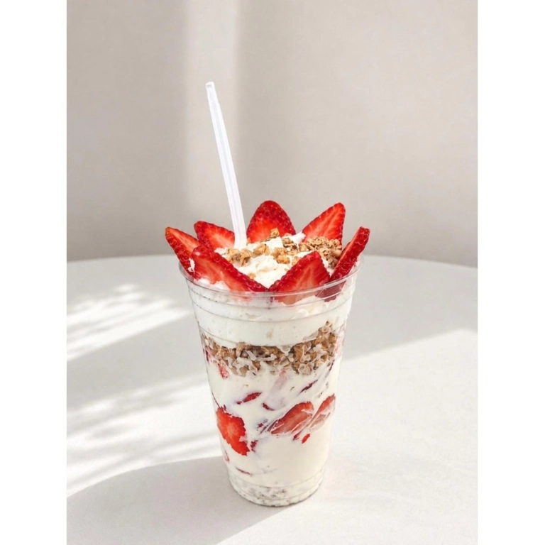 Fresa con crema with sliced strawberries and granola in Hermiston.