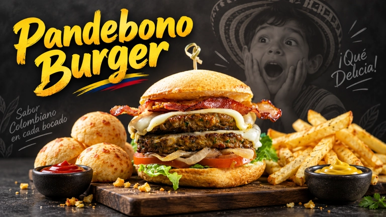 Pandebono Burger colombiana con tocino, queso derretido y papas fritas en Fairview.