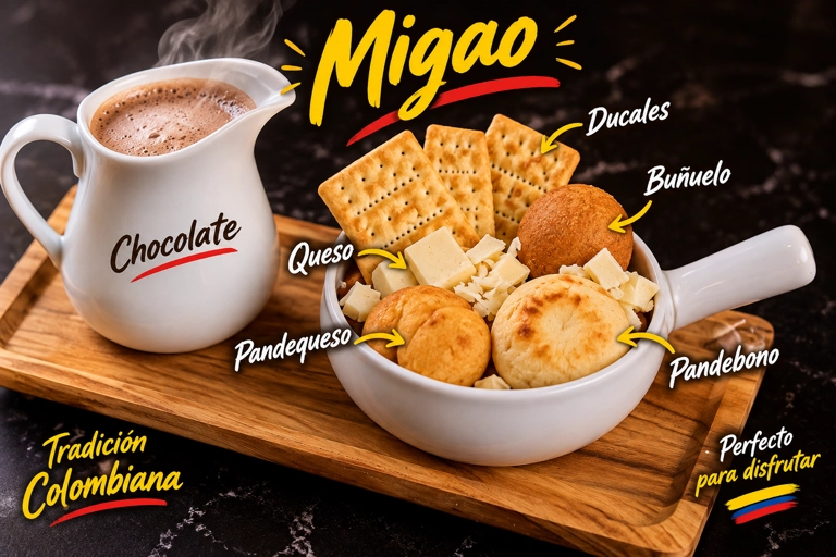 Colombian Migao in Fairview with buñuelo, pandebono, and cheese served with hot chocolate.