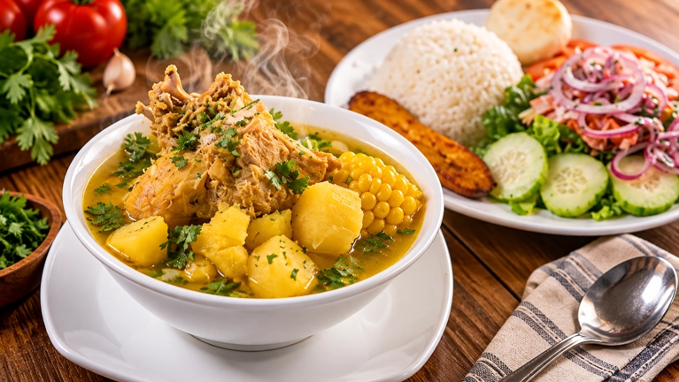 Sancocho de gallina with chicken, corn, and potatoes in a bowl, served with rice and salad. Colombian cuisine in an unknown