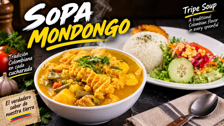 Colombian mondongo soup with tripe and potatoes, served with rice and salad in an unknown city.