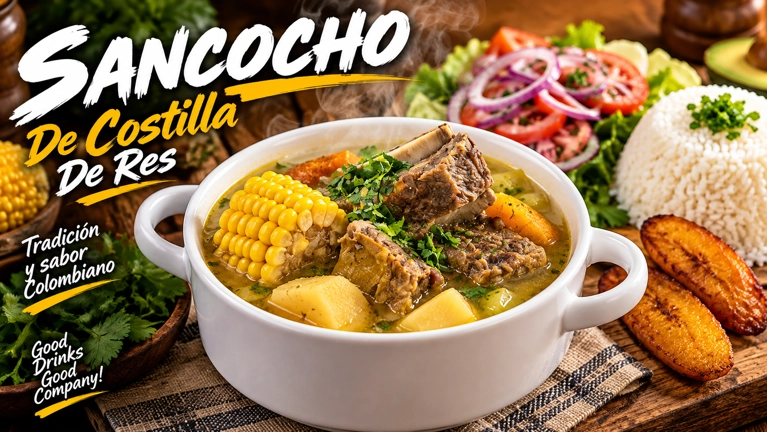 Colombian sancocho de costilla de res with corn and potatoes, served in a bowl with rice and plantains on the side.
