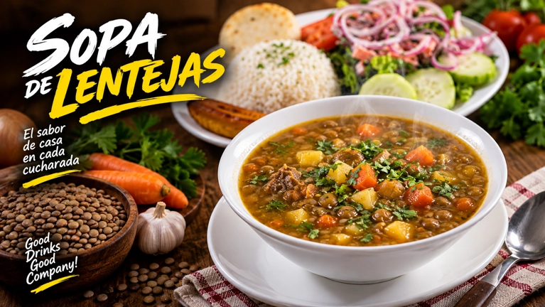 Lentil soup with visible carrots and potatoes, served in a bowl with a side of rice and salad. Cuisine type and city unknown.