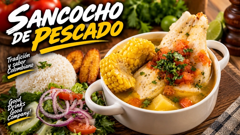 Colombian sancocho de pescado with fish fillet, corn, and cilantro garnish in a bowl.