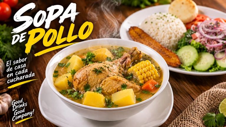 Chicken soup with corn, potatoes, and herbs, likely Colombian, in an unknown city.