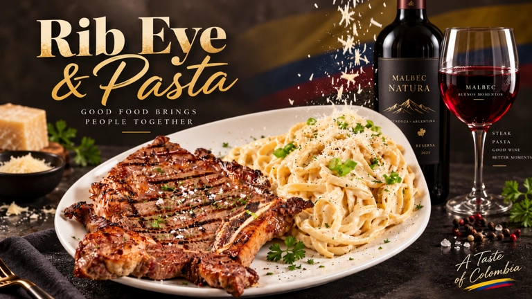 Rib eye con pasta fettuccine en salsa cremosa, decorado con perejil y queso parmesano en Fairview.