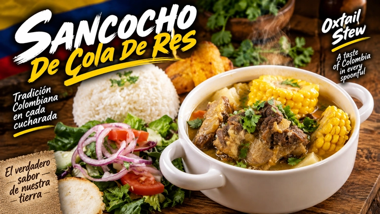 Colombian sancocho de cola de res with oxtail and corn, served with rice and salad in an unknown city.