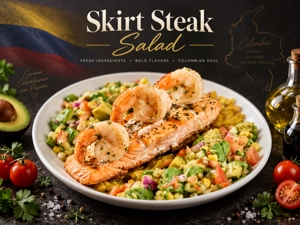 Ensalada Ali Salmón colombiana con salmón a la parrilla, camarones y aguacate en West New York.