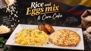 Huevos revueltos con arroz y arepa con queso, acompañados de plátano maduro. Cocina colombiana.