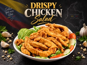 Ensalada de tiritas de pollo con lechuga y rodajas de pepino en West New York, cocina colombiana.