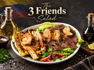 Ensalada 3 Amigos colombiana con pollo a la parrilla, camarones y carne de res en West New York.