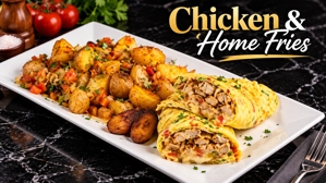 Omelette with chicken and cheese, served with roasted potatoes and garnished with parsley on a white plate. Colombian