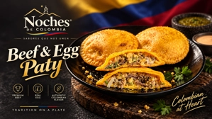 Empanada de carne y huevo colombiana con relleno de carne molida y huevo en un plato. Sin ciudad especificada.