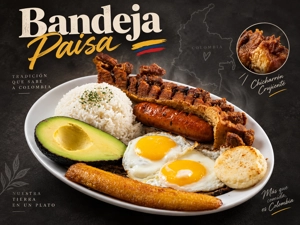 Bandeja paisa colombiana con arroz, chicharrón, aguacate y chorizo en Fairview.