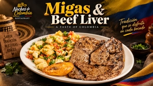 Migas con hígado colombiano en un plato, acompañadas de plátano frito y cilantro en Nueva York.