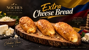 Pan extra queso colombiano con queso derretido y costra dorada en una tabla de madera.