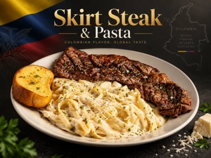 Pasta con churrasquito colombiano con fetuccini en salsa blanca y churrasco a la parrilla en West New York.