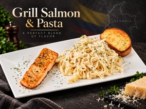 Pasta con salmón colombiano con salmón a la parrilla, pasta cremosa y pan de ajo en West New York.