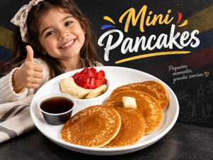 Mini panqueques con mantequilla, fresas y plátano en un plato. Niña sonriendo al lado del plato. Cocina desconocida en