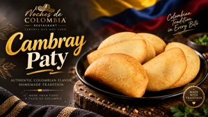 Empanadas de cambray colombianas en un plato negro, con masa dorada y relleno visible en la ciudad desconocida.