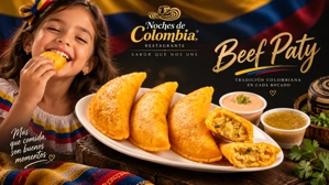 Empanada de carne colombiana con masa dorada y relleno de carne en un plato blanco. Salsas verdes y rosadas al lado.