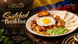 Calentado arrebatado colombiano con huevo frito, plátano maduro y aguacate en un plato.