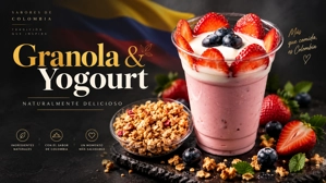 Granola con yogurt colombiano con fresas y arándanos visibles en un vaso en Colombia.