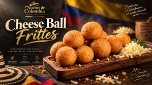 Buñuelos colombianos con queso rallado y perejil en una tabla de madera.