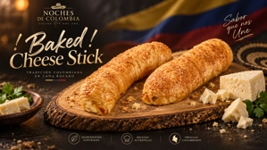 Palitos de queso horneados colombianos con masa dorada y queso fresco en una tabla de madera.