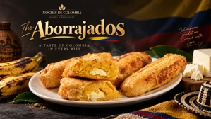 Aborrajados colombianos de maduro y queso en un plato, con plátano maduro y queso visibles, en un entorno tradicional.