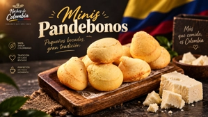 Mini pandebonos colombianos con queso y harina de maíz en una tabla de madera.