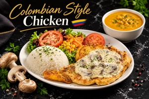 Pechuga a la Colombiana con salsa de crema y champiñones, acompañada de arroz y ensalada en una ciudad desconocida.