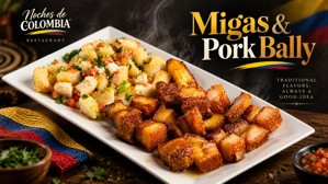 Migas con chicharrón colombiano en un plato blanco, acompañadas de trozos de pan frito y tomate en dados.